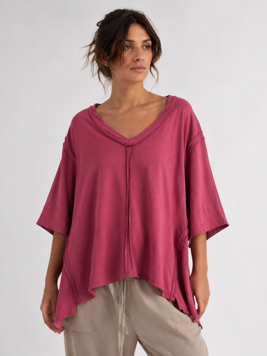 Made in Italy Oversized Sweatshirt V -Neck Raw Edge Top