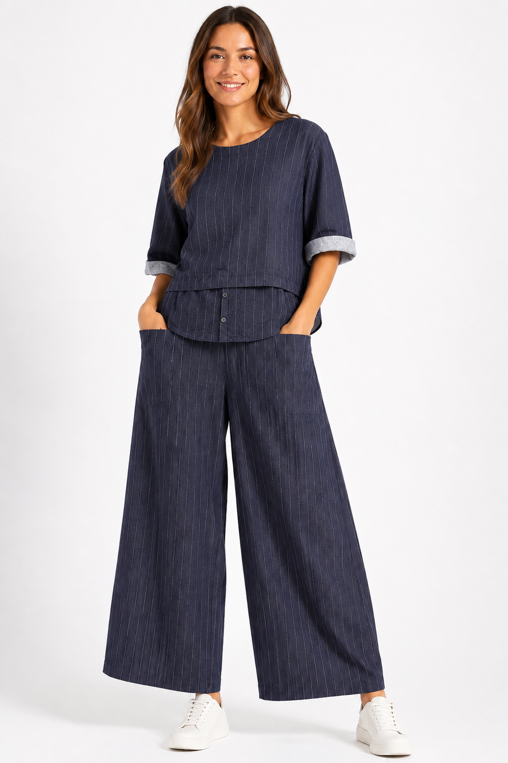 Made in Italy Pinstripe Button Front Top