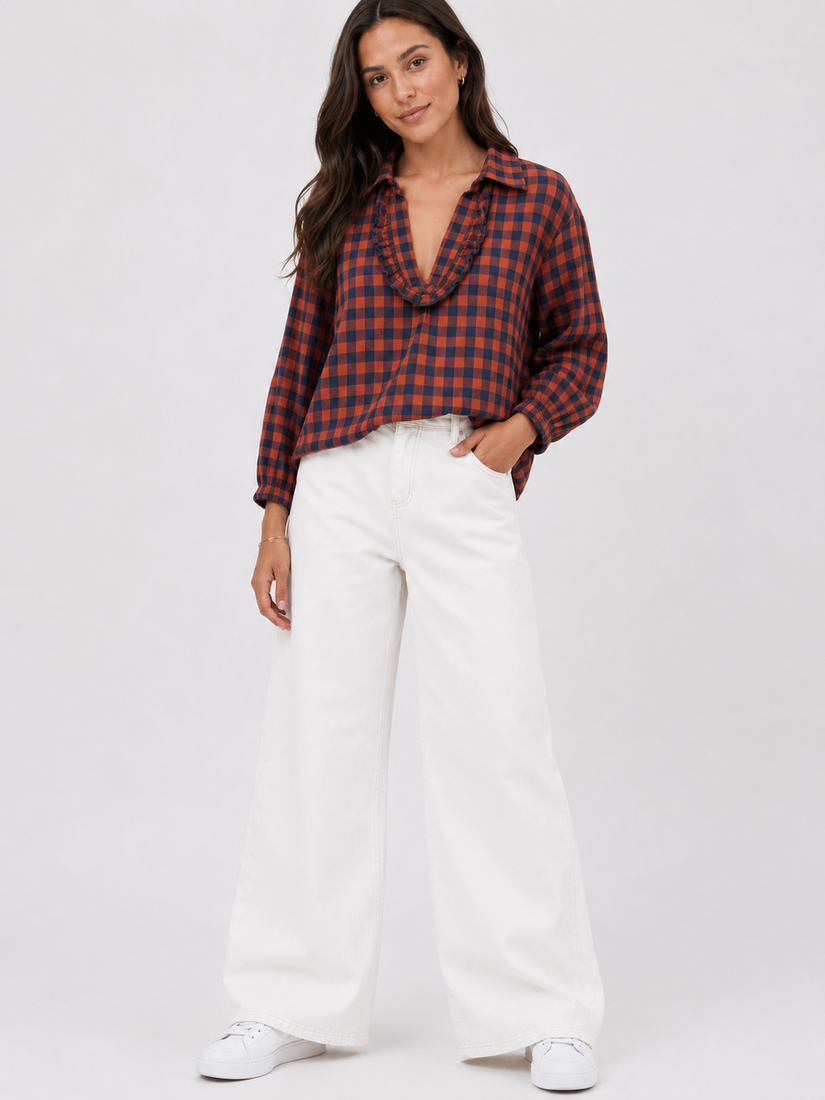 Made in Italy Check Frill neck Top