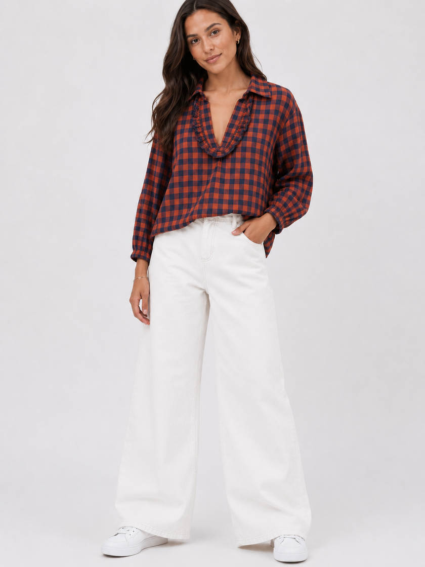 Made in Italy Check Frill neck Top