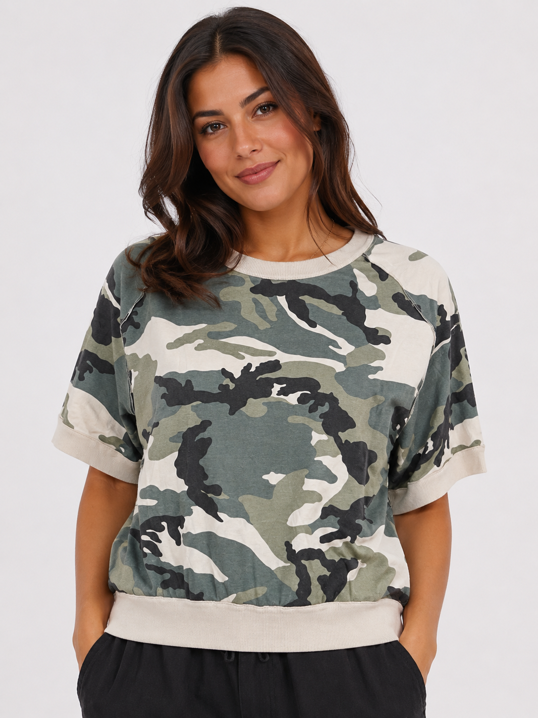 Camouflage Print Short Sleeve Sweatshirt Top