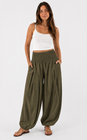 Made in shirred waist harem trouser