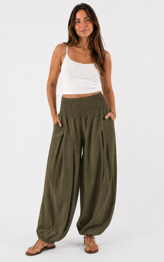 Made in shirred waist harem trouser