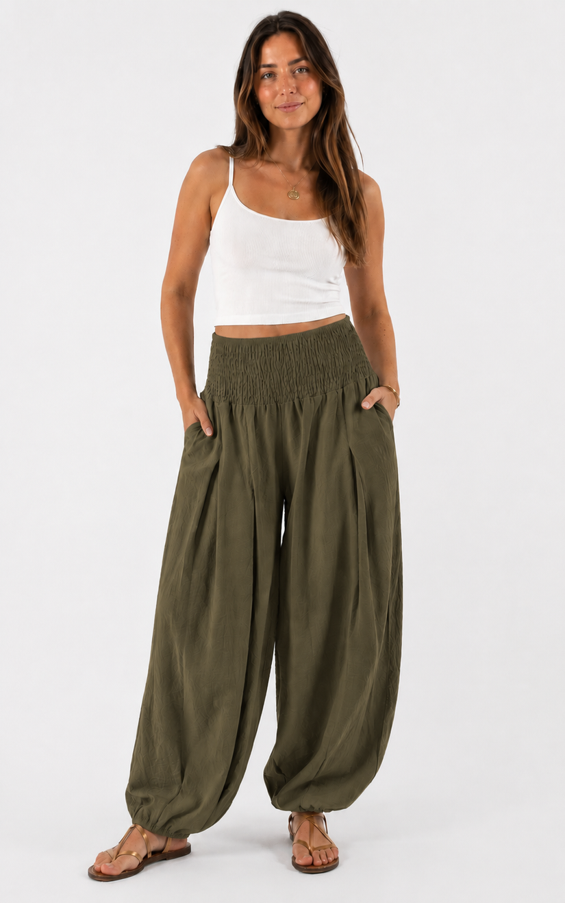 Made in shirred waist harem trouser