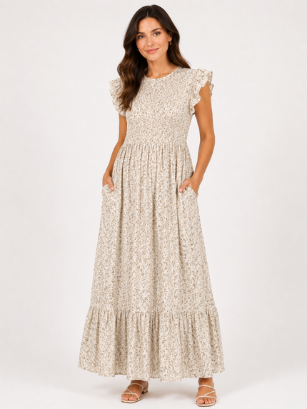 Made in Italy Shirred Ditsy print Maxi Dress