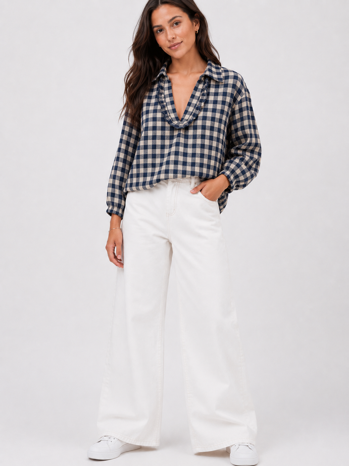 Made in Italy Check Frill neck Top