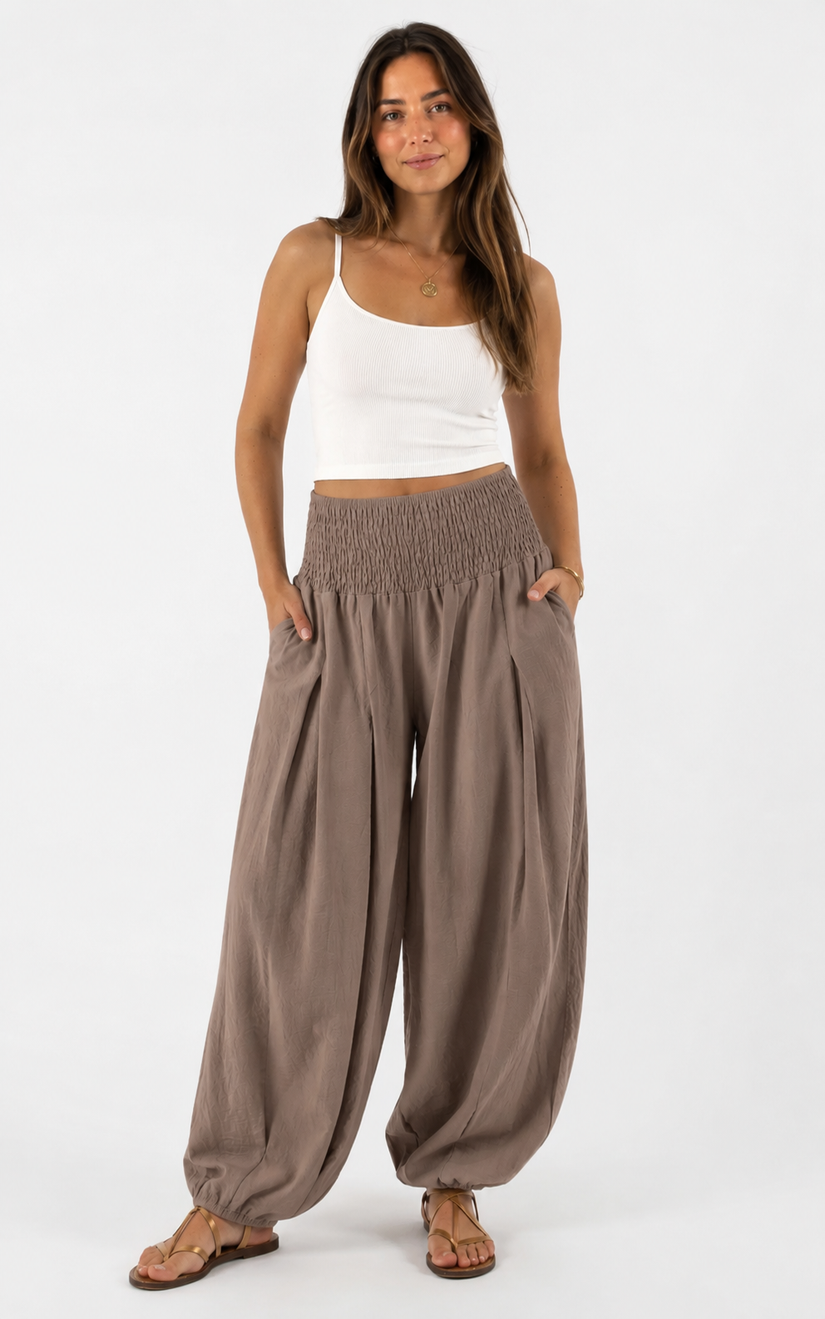 Made in shirred waist harem trouser