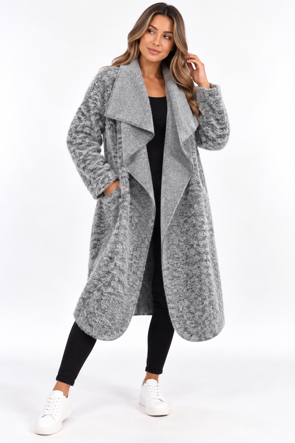 Made in Italy Cosy Textured Pocketed Waterfall Coat