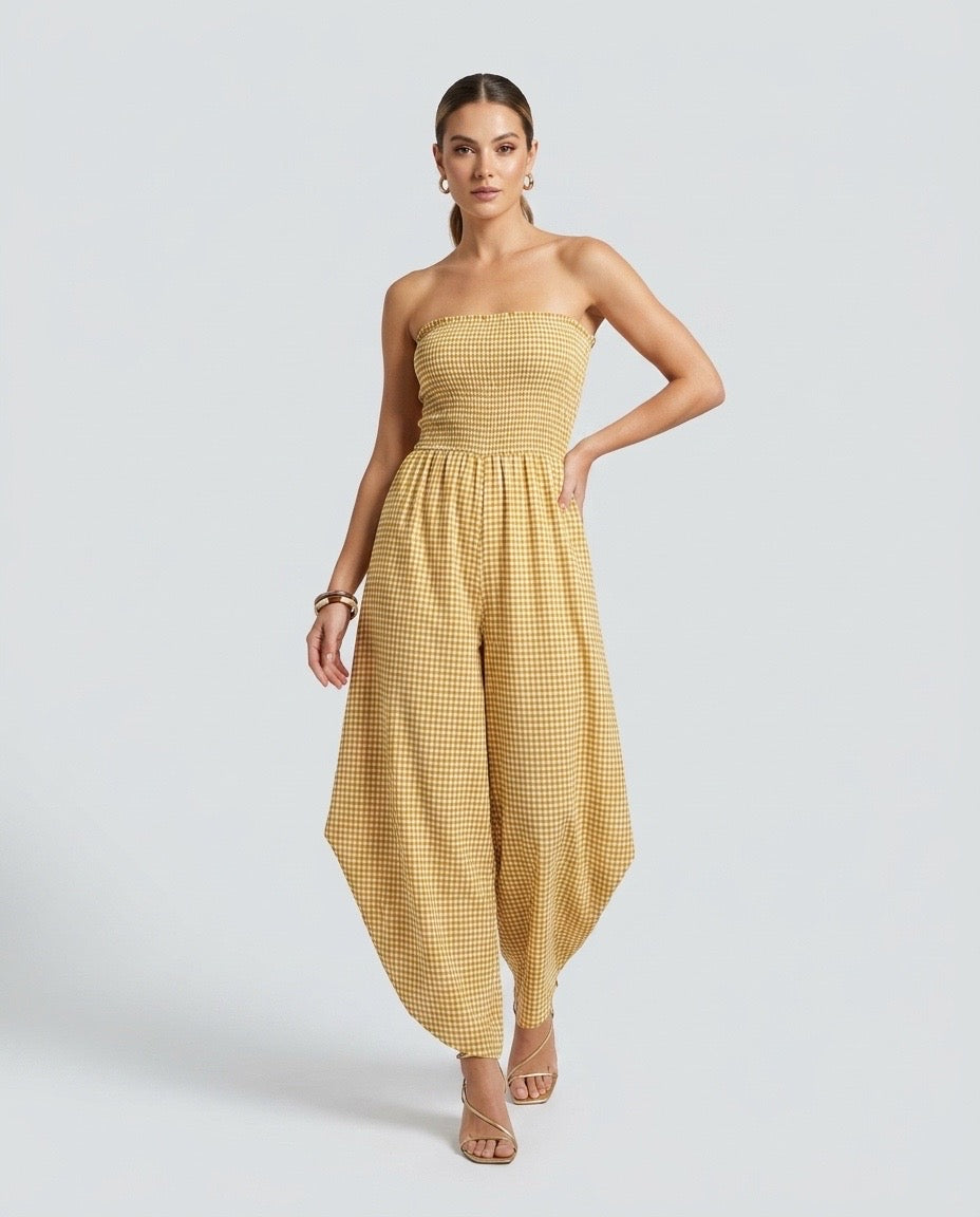 Made in Italy Smocked Strapless Gingham Culotte Jumpsuit