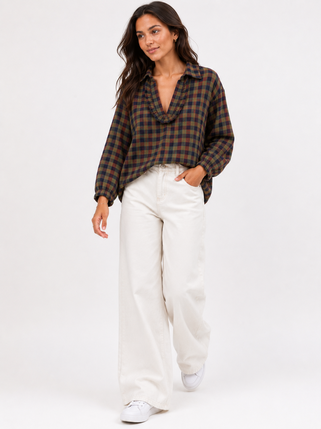 Made in Italy Check Frill neck Top