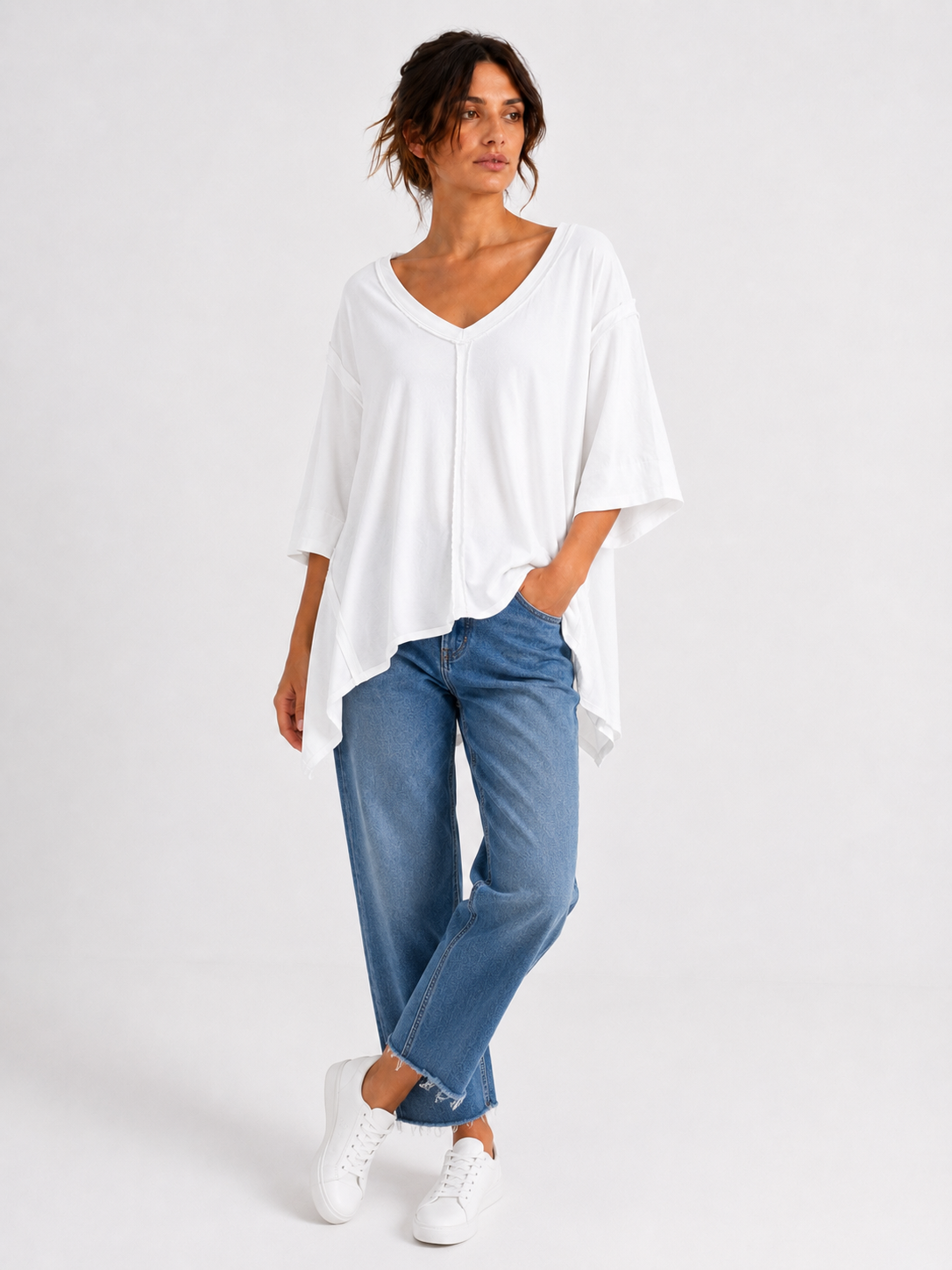 Made in Italy Oversized Sweatshirt V -Neck Raw Edge Top