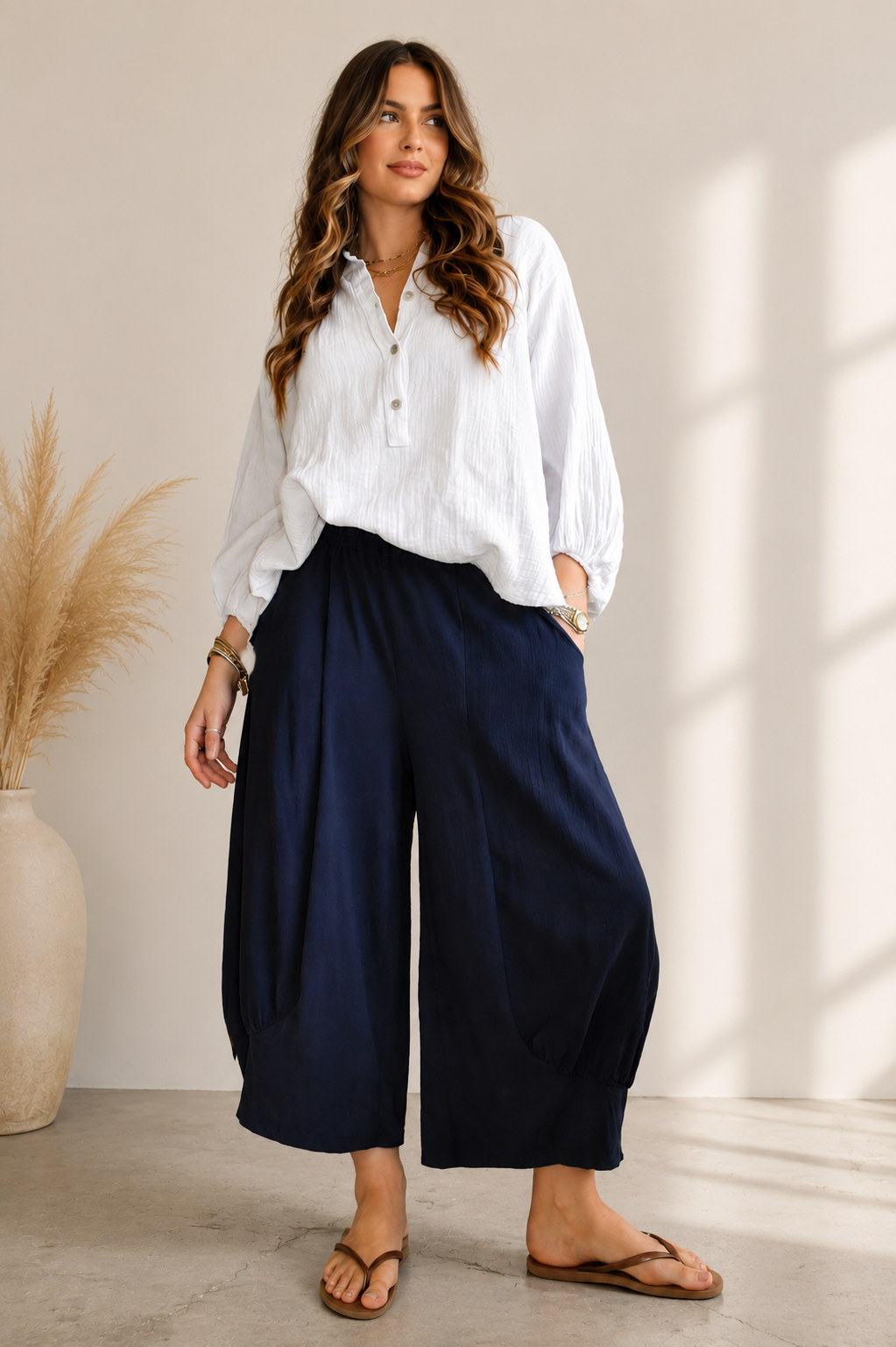 Hopsack Barrel Leg Crop Length Pant | Made in Italy