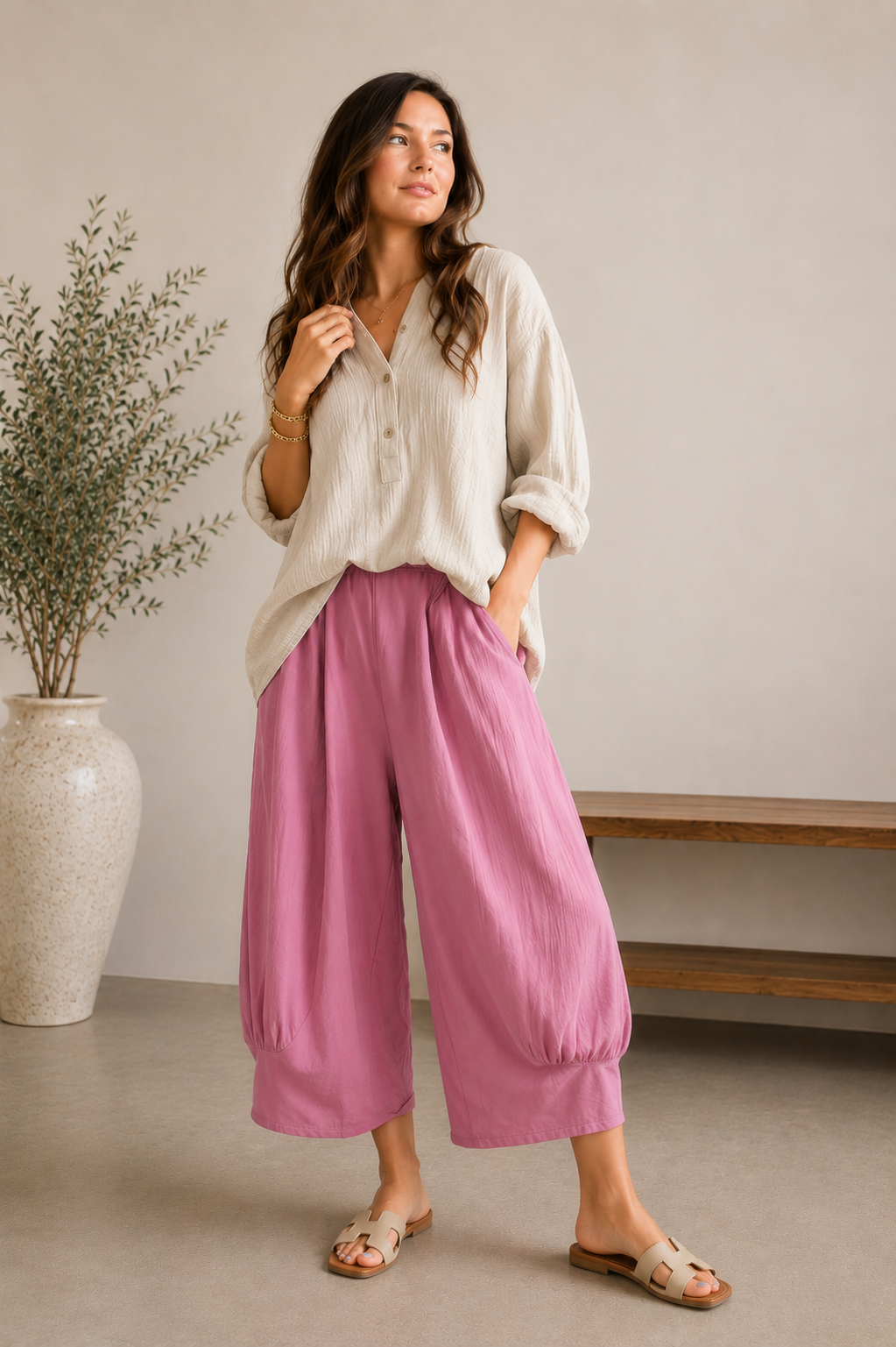 Hopsack Barrel Leg Crop Length Pant | Made in Italy
