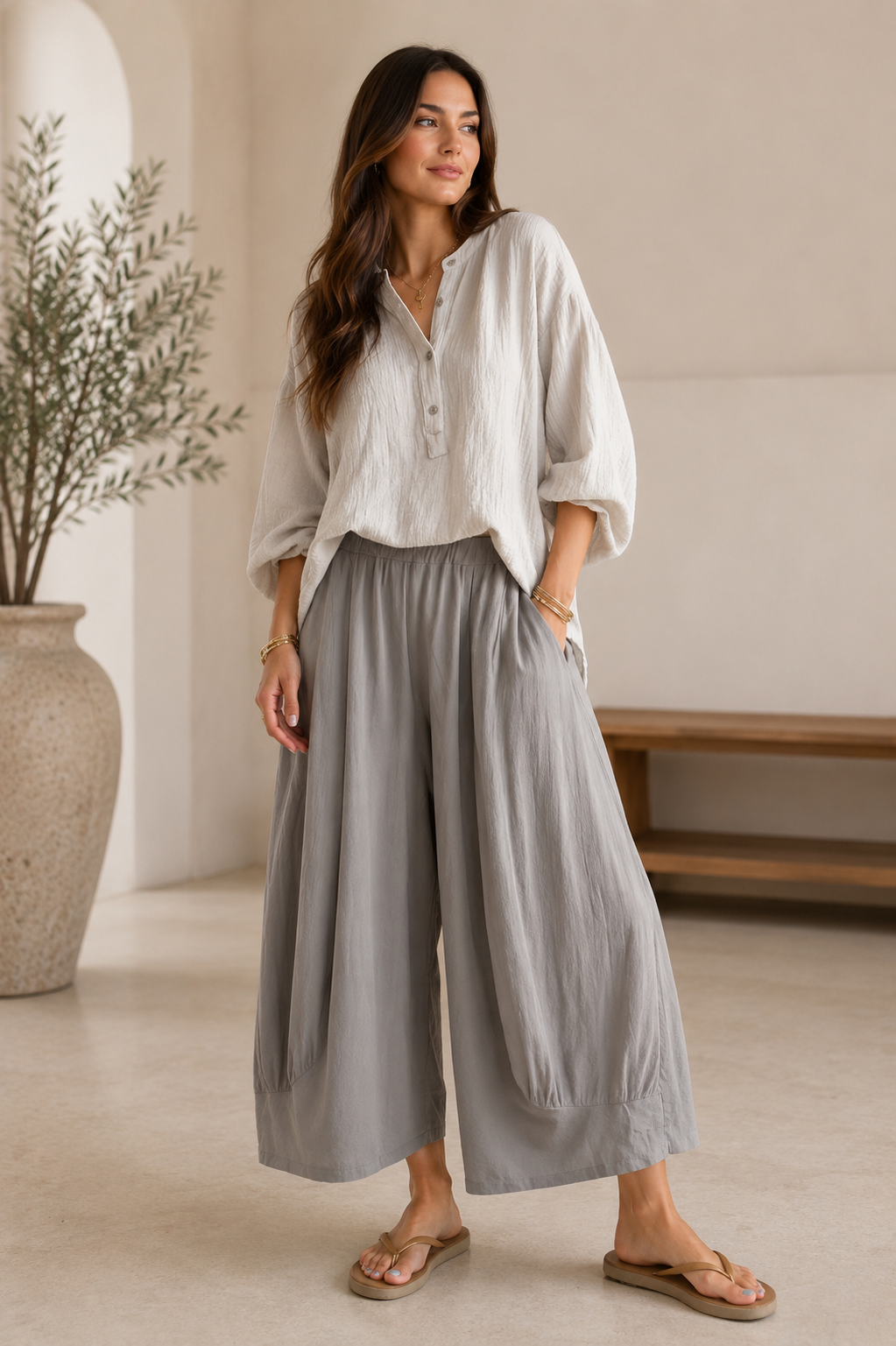 Hopsack Barrel Leg Crop Length Pant | Made in Italy