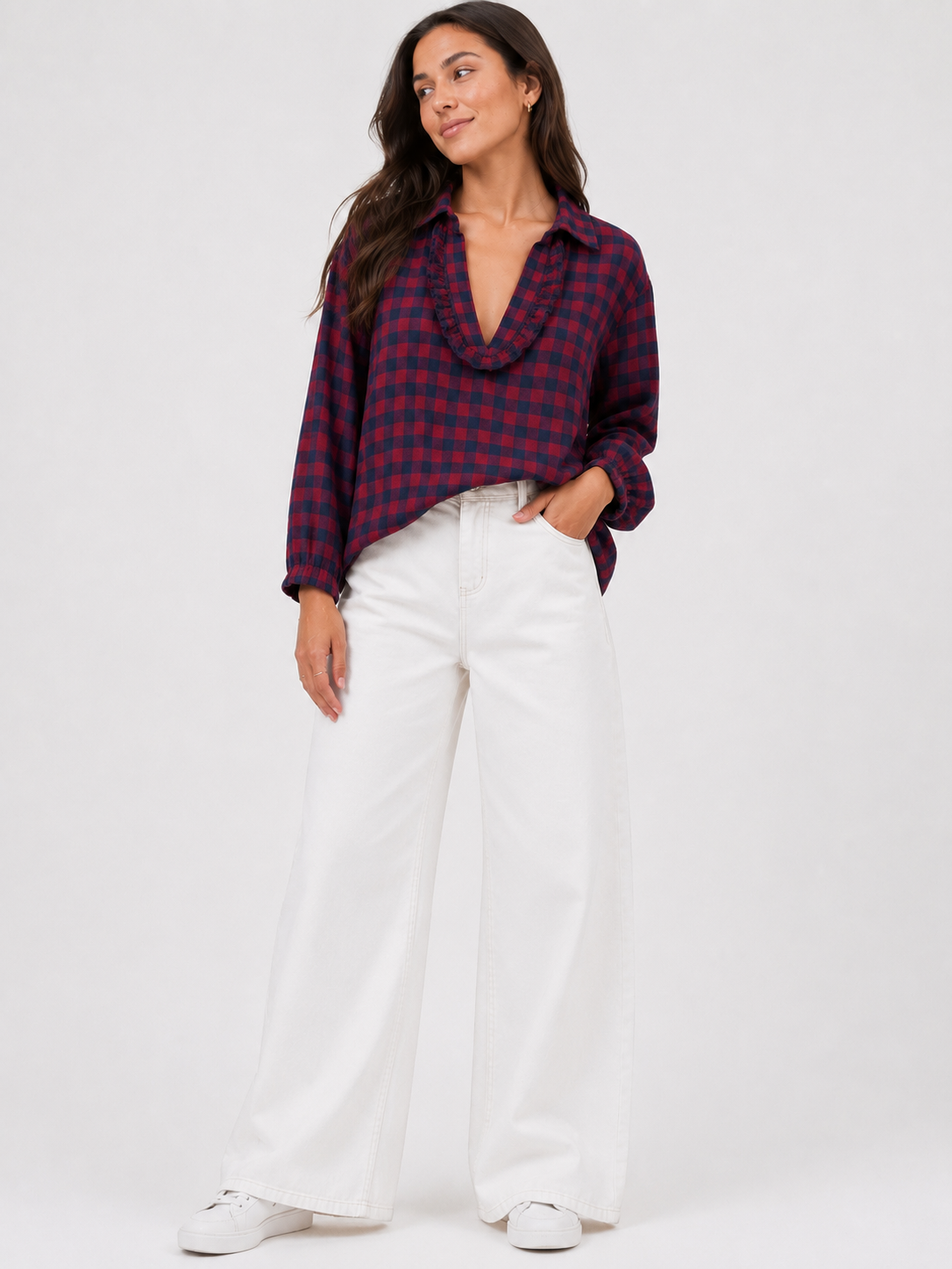 Made in Italy Check Frill neck Top