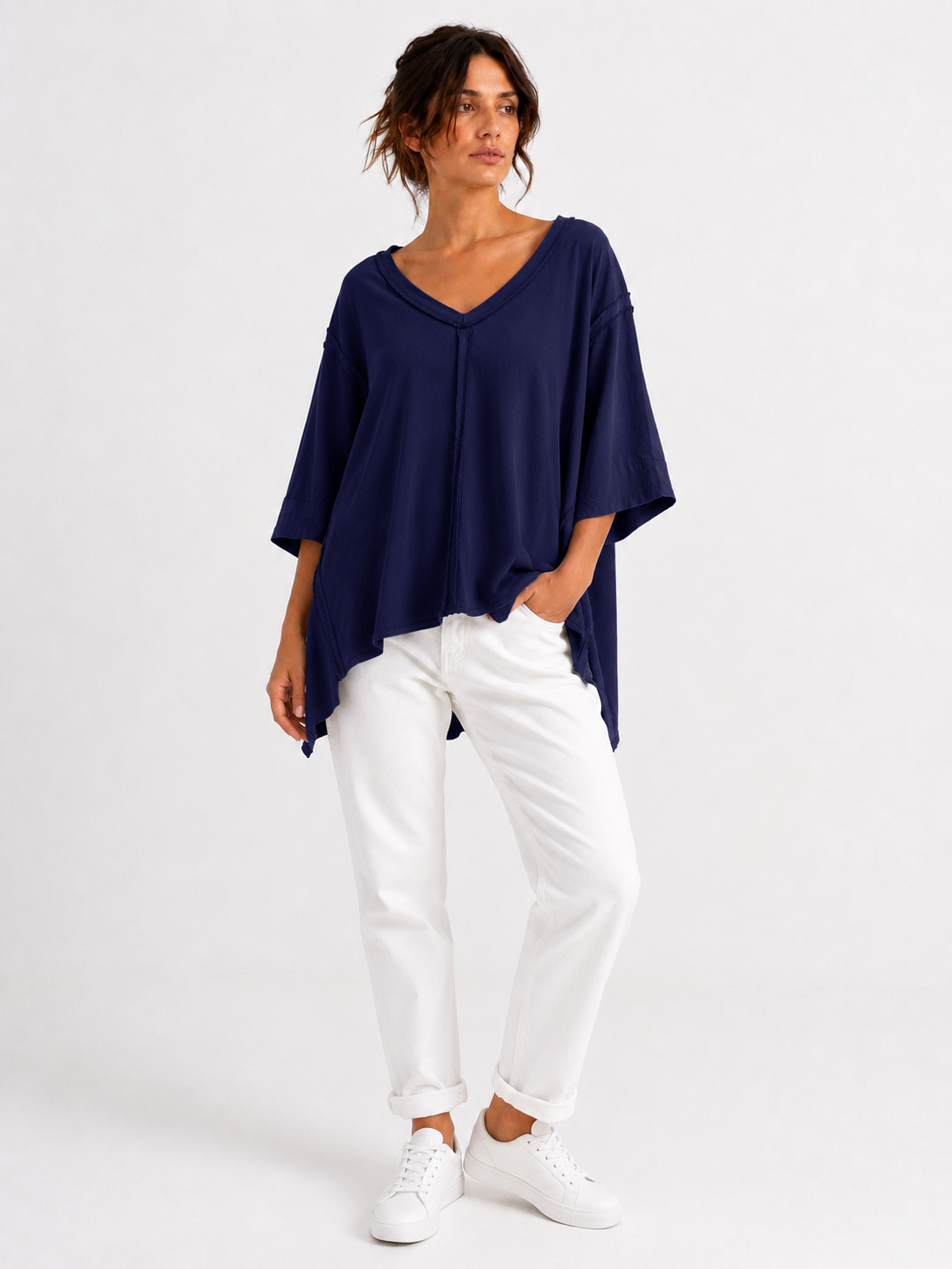 Made in Italy Oversized Sweatshirt V -Neck Raw Edge Top