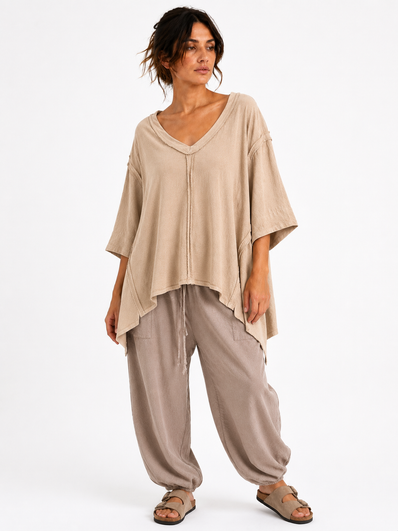 Made in Italy Oversized Sweatshirt V -Neck Raw Edge Top