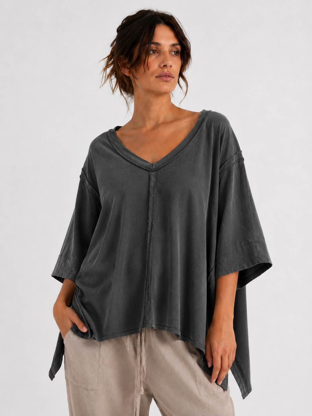 Made in Italy Oversized Sweatshirt V -Neck Raw Edge Top