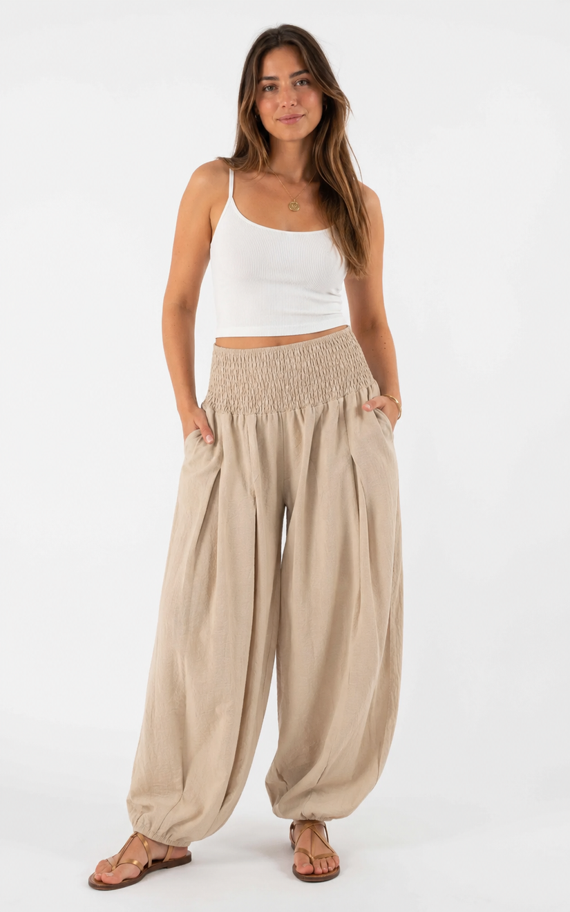 Made in shirred waist harem trouser