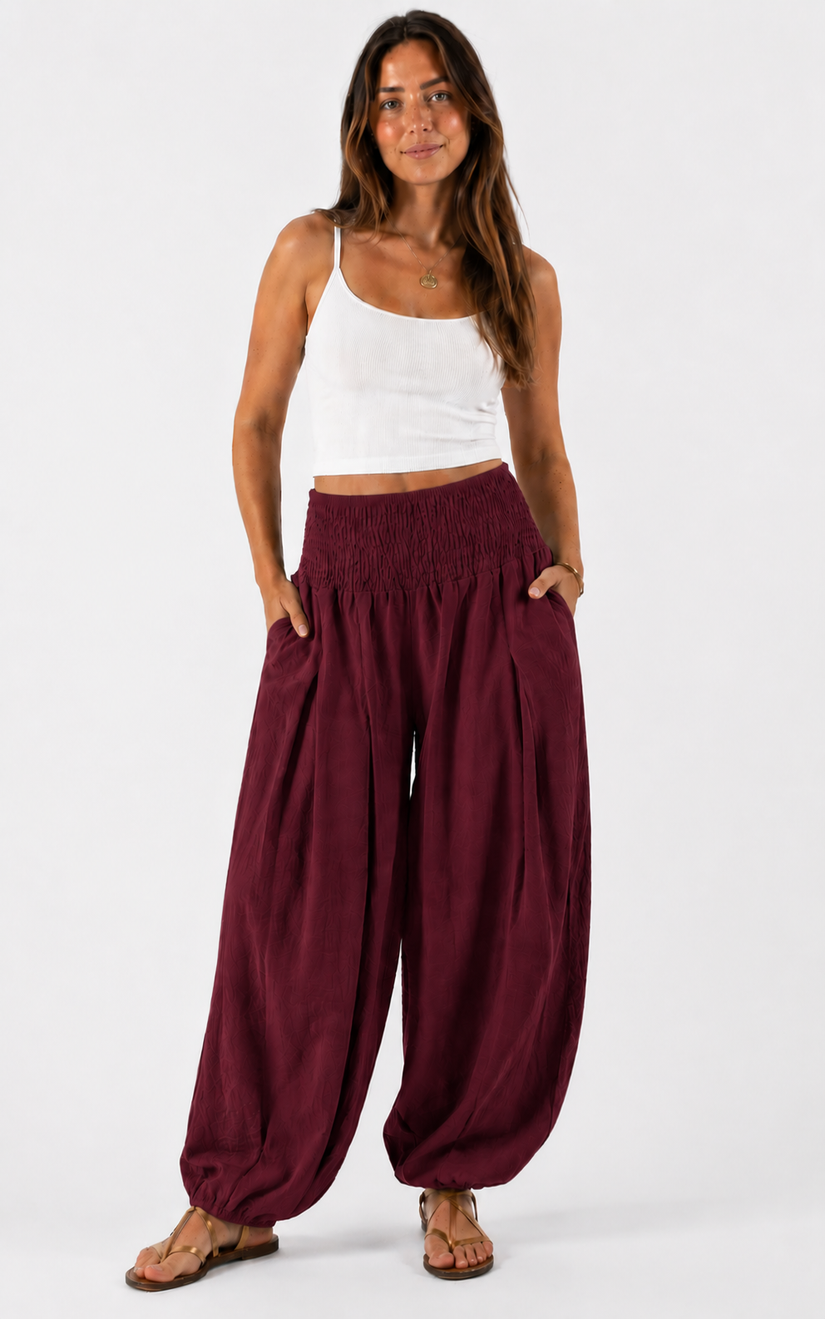 Made in shirred waist harem trouser