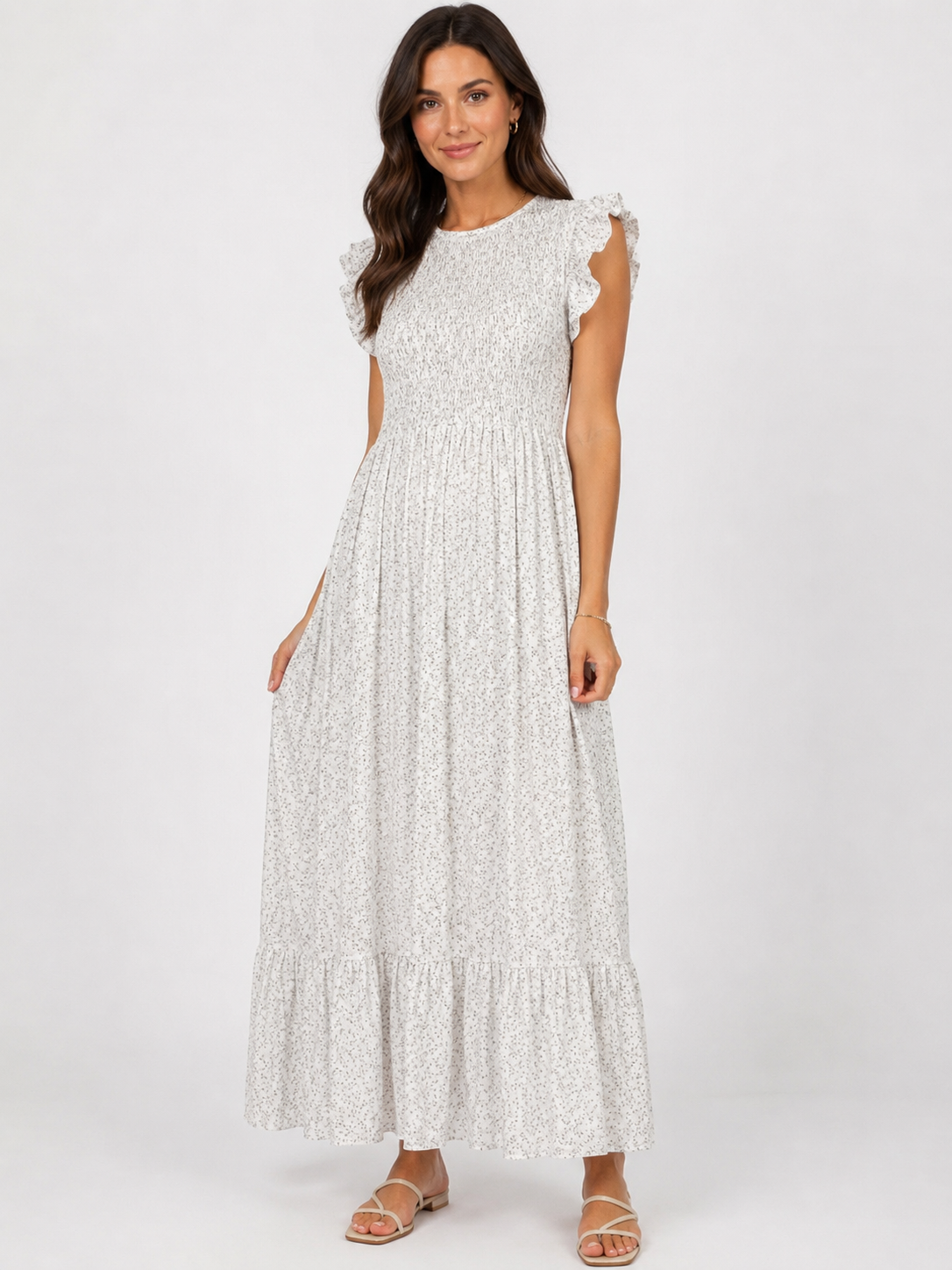 Made in Italy Shirred Ditsy print Maxi Dress