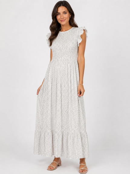 Made in Italy Shirred Ditsy print Maxi Dress