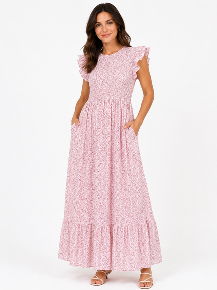 Made in Italy Shirred Ditsy print Maxi Dress