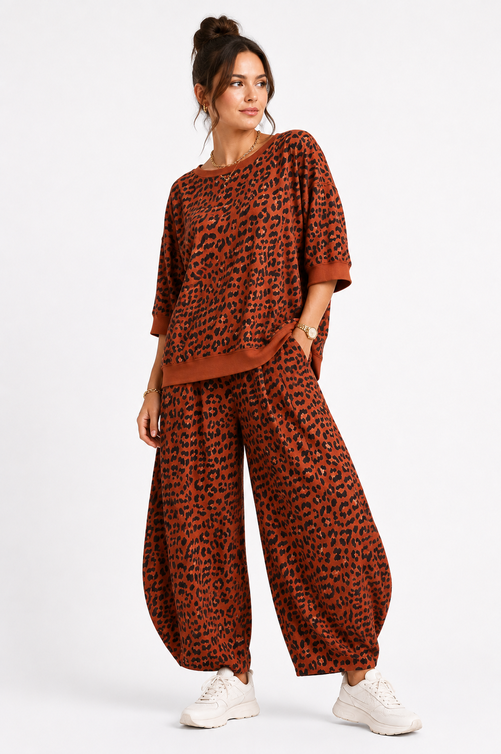 Made in Italy leopard Print Sweatshirt Barrel Leg Trouser