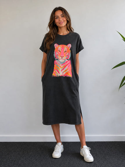Neon Printed side split stonewash dress - Made in Italy