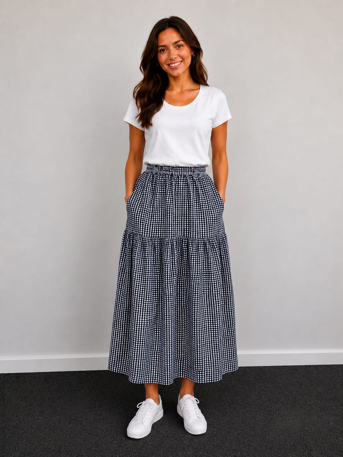Gingham Tiered Midi Skirt, Made in Italy