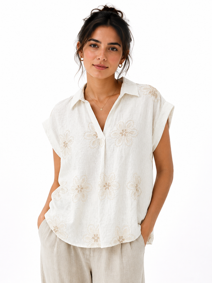 Floral Embroidered Linen Blend Top, Made in Italy