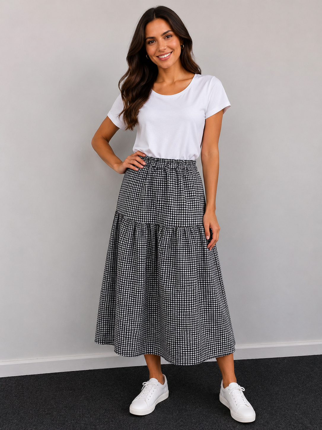 Gingham Tiered Midi Skirt- Made in Italy