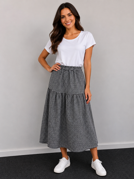 Gingham Tiered Midi Skirt, Made in Italy