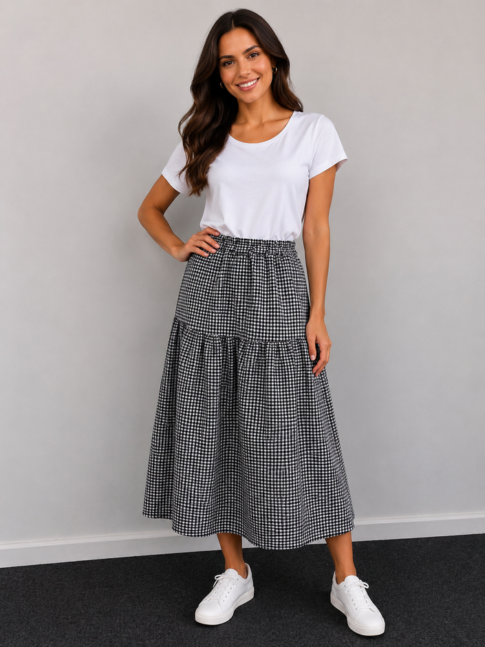 Gingham Tiered Midi Skirt, Made in Italy