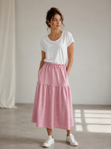 Gingham Tiered Midi Skirt, Made in Italy