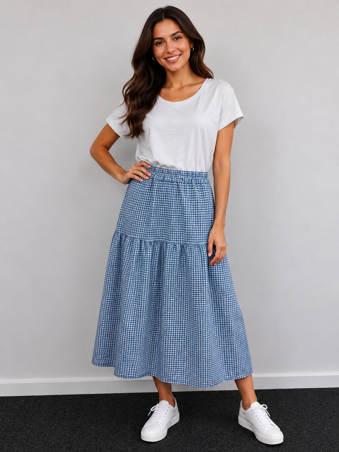 Gingham Tiered Midi Skirt- Made in Italy