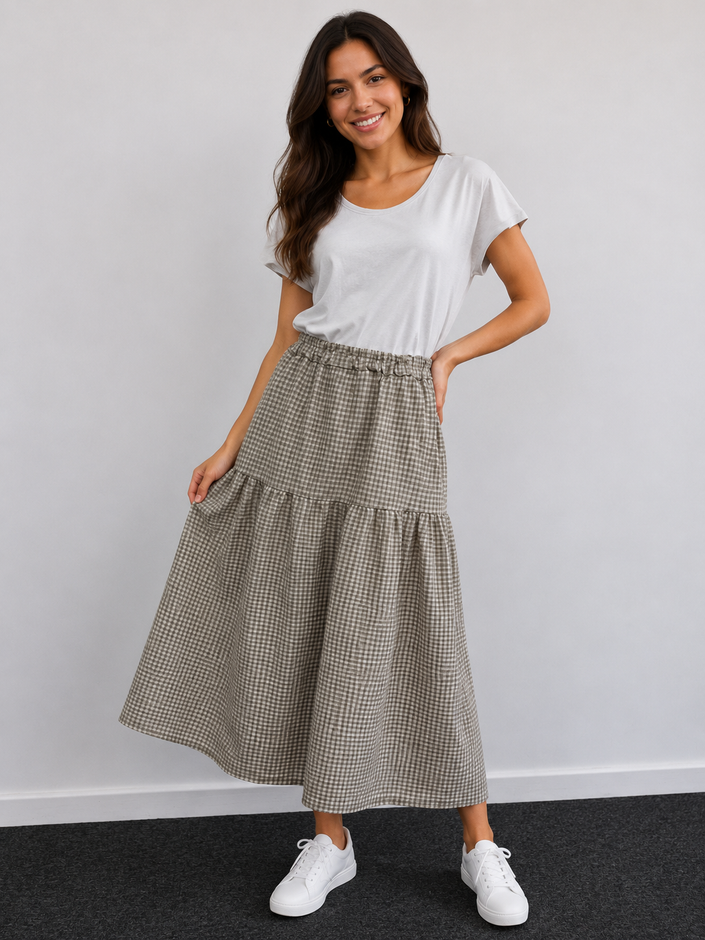 Gingham Tiered Midi Skirt, Made in Italy