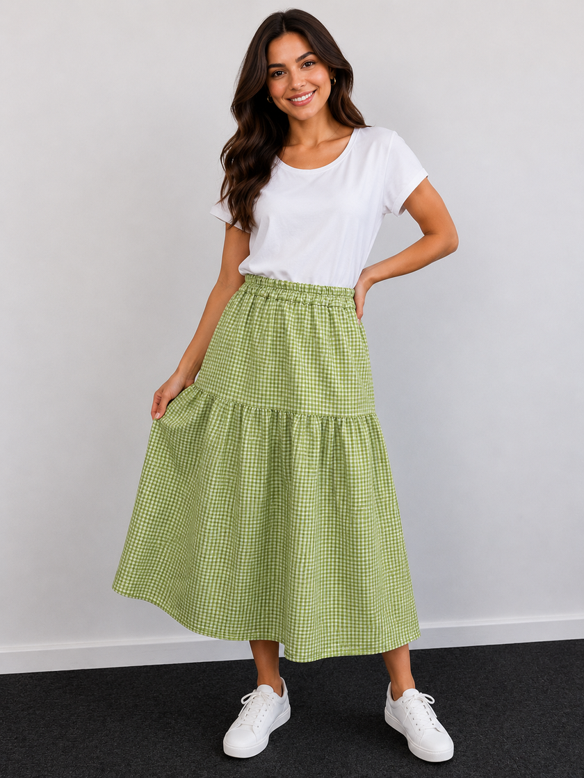 Gingham Tiered Midi Skirt- Made in Italy