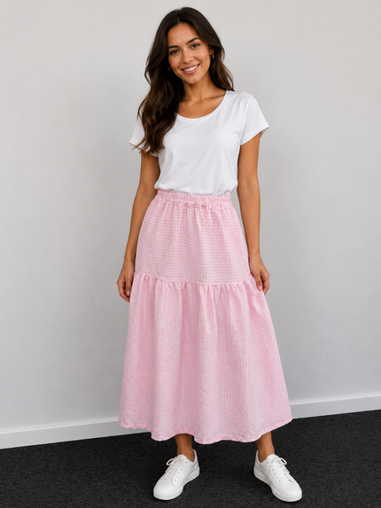 Gingham Tiered Midi Skirt, Made in Italy