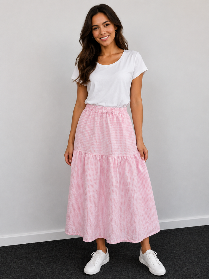 Gingham Tiered Midi Skirt, Made in Italy