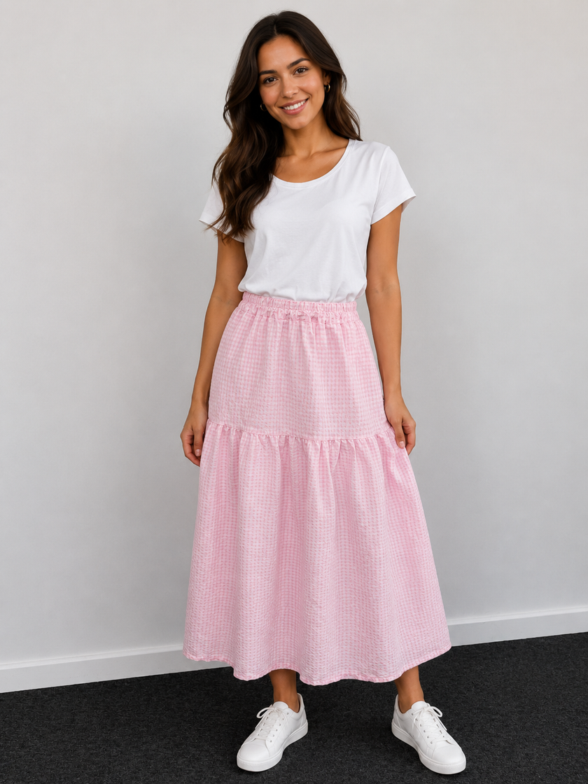 Gingham Tiered Midi Skirt- Made in Italy