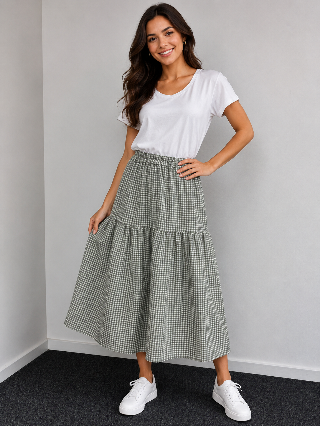 Gingham Tiered Midi Skirt- Made in Italy
