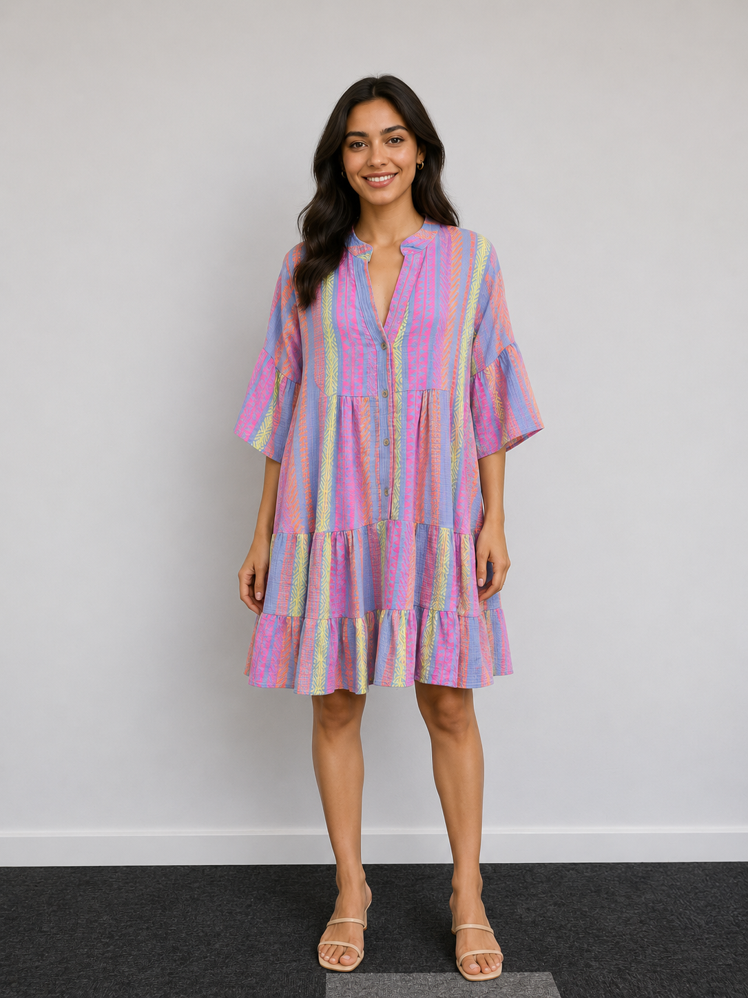 Neon Stripe Tiered Smock Dress - Made in Italy