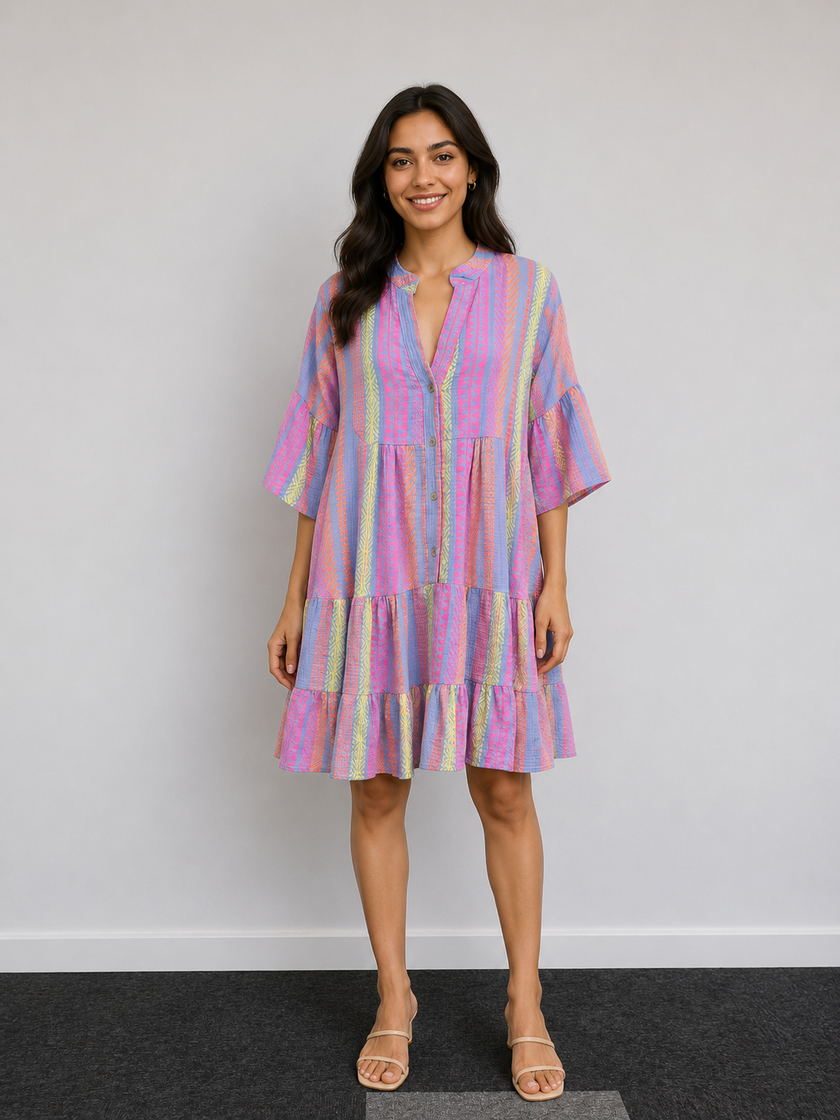 Neon Stripe Tiered Smock Dress - Made in Italy