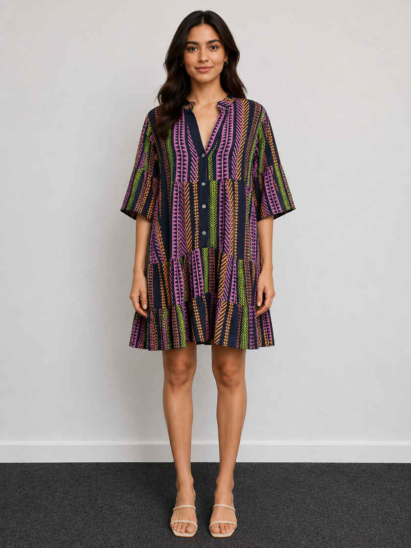 Neon Stripe Tiered Smock Dress - Made in Italy