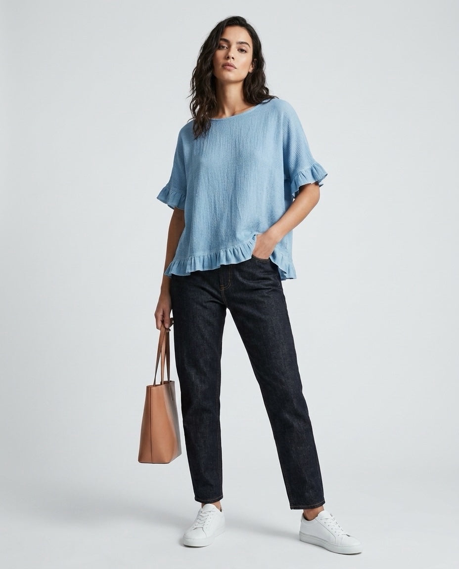Made in Italy Gauze Top with Ruffle Trim - Denim
