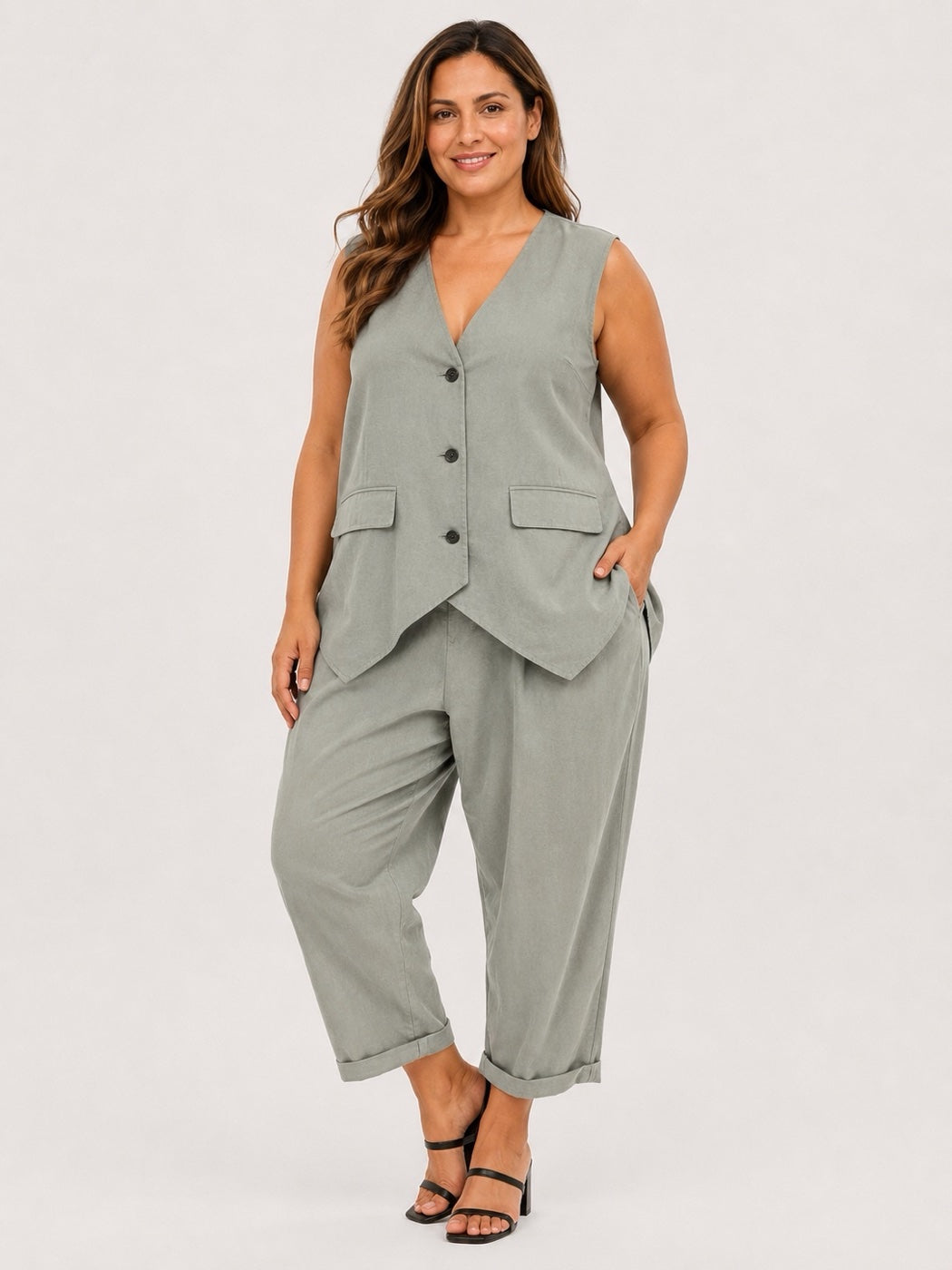 Made in Italy Linen Blend Asymmetric Button Waistcoat  - Khaki Green