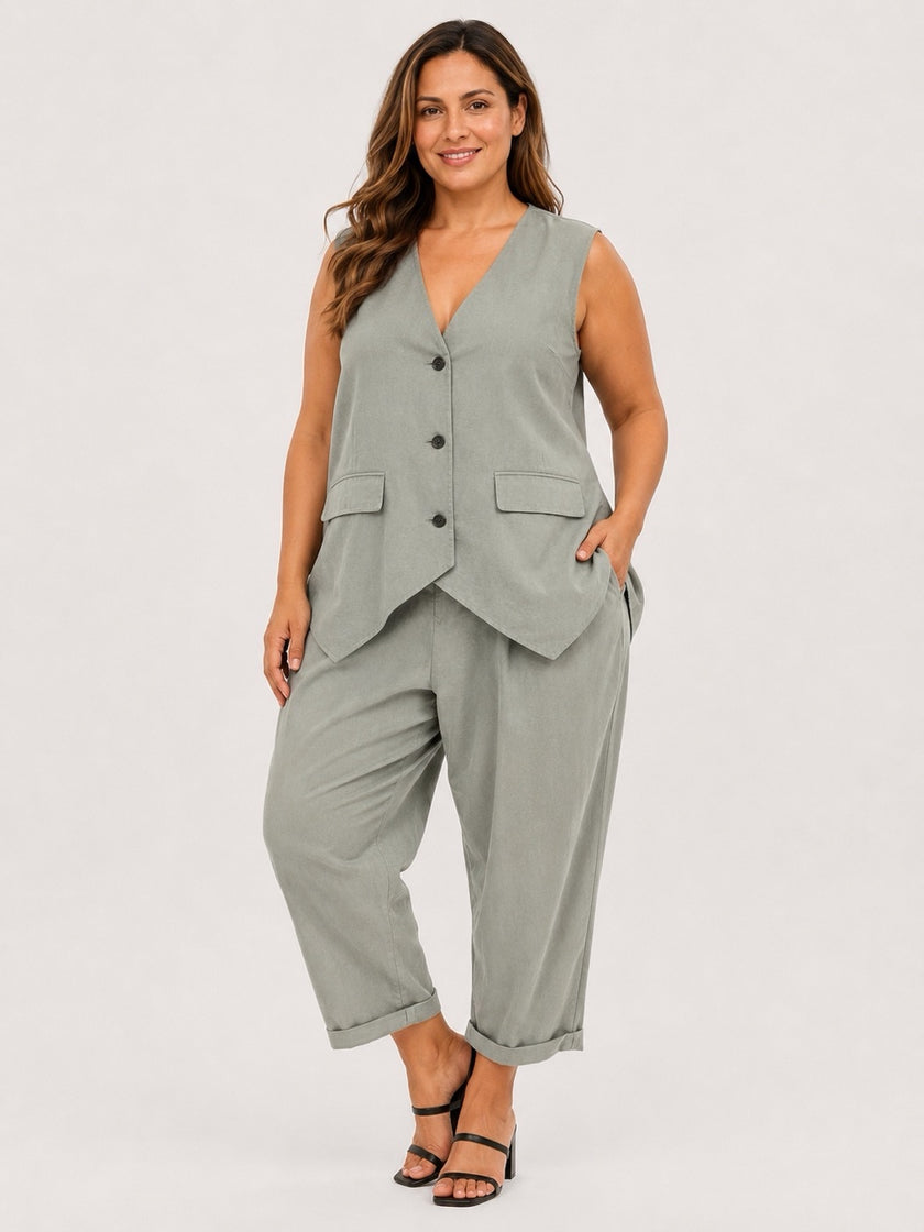 Made in Italy Linen Blend Asymmetric Button Waistcoat  - Khaki Green