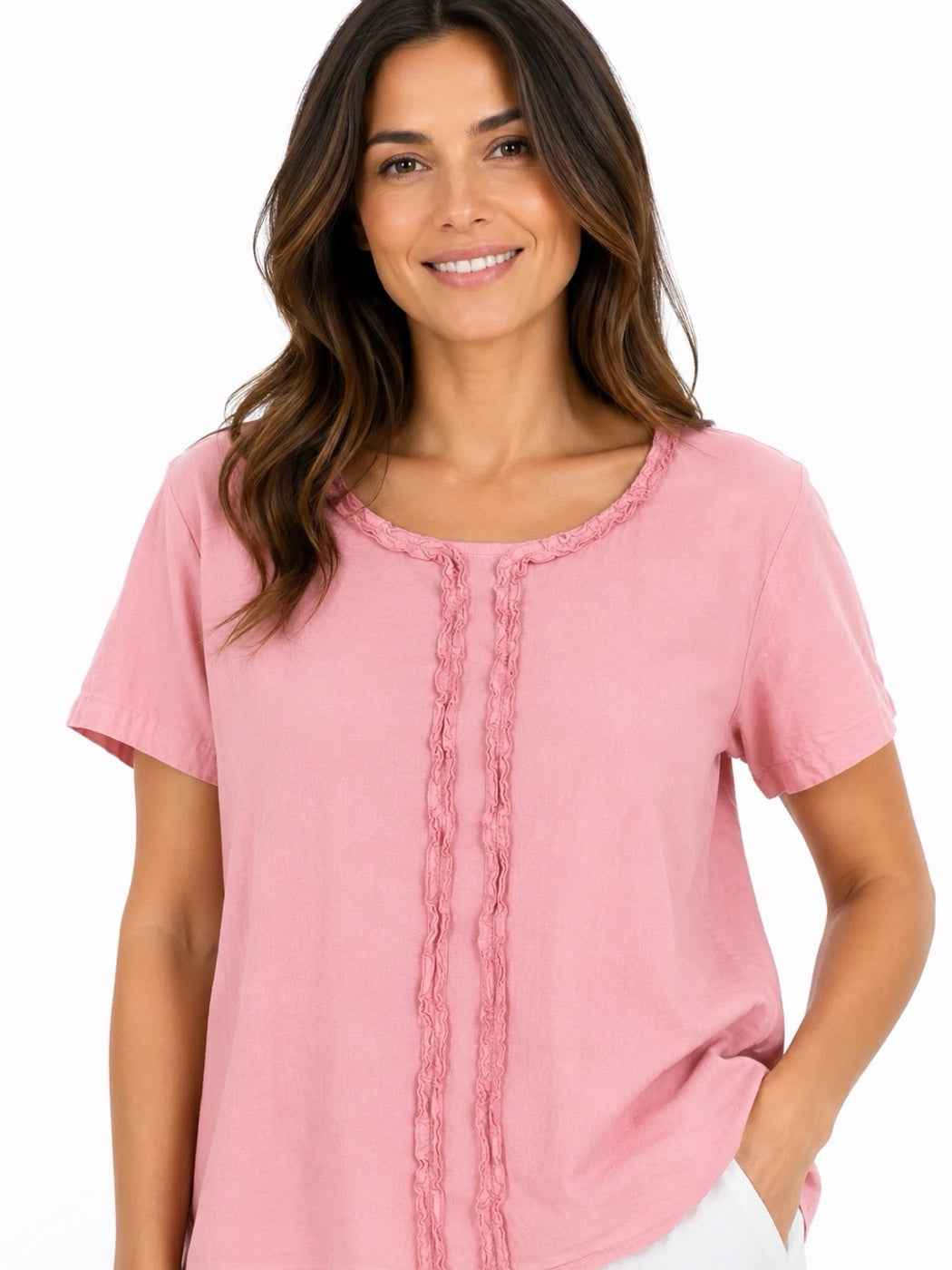 Made in Italy Ruffled Neck Top with Central Seam Detail - Baby Pink