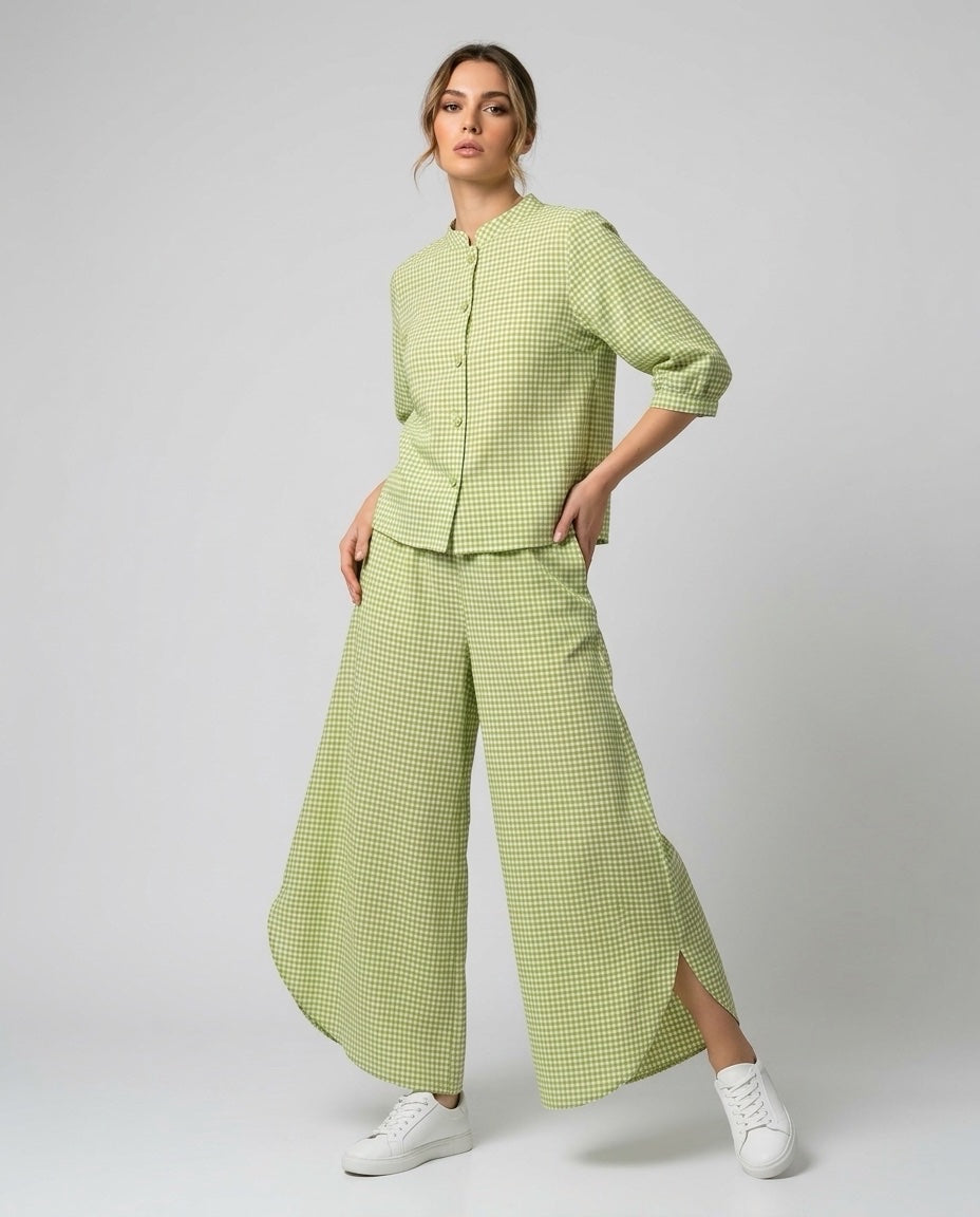 Gingham Check Shirt and Culotte Set - Khaki Green